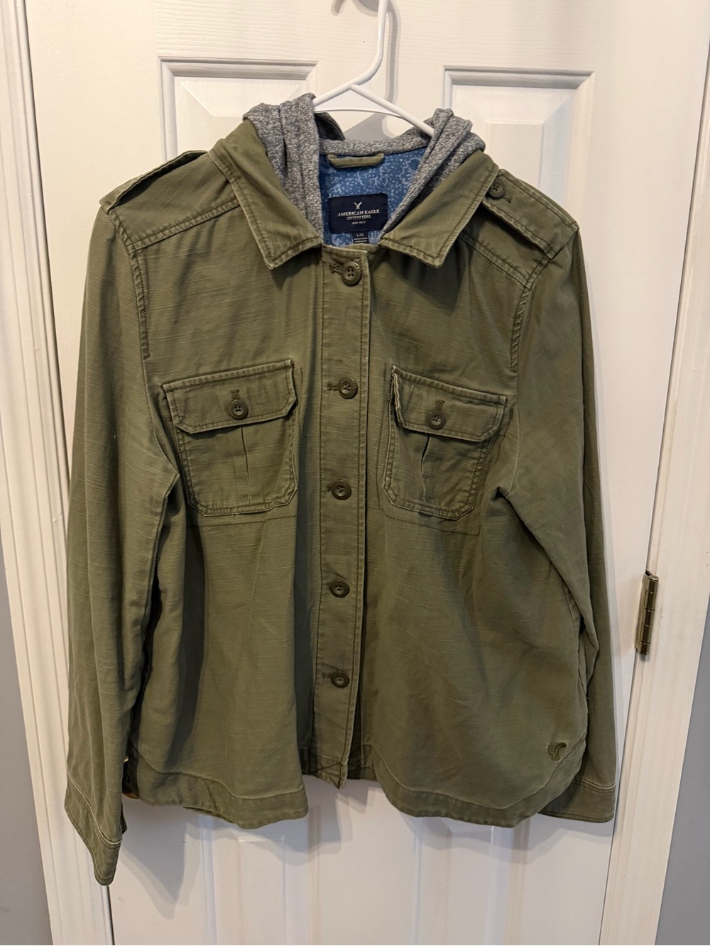 American Eagle Outfitters Olive Green Military Jacket with Gray Hood